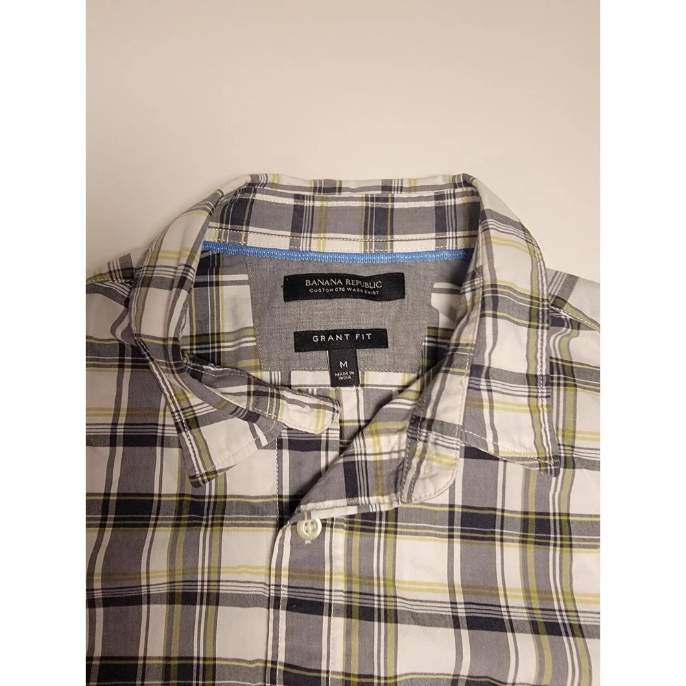 Banana Republic Grant Fit Custom 078 Wash Plaid Shirt Mens M White Grey Yellow